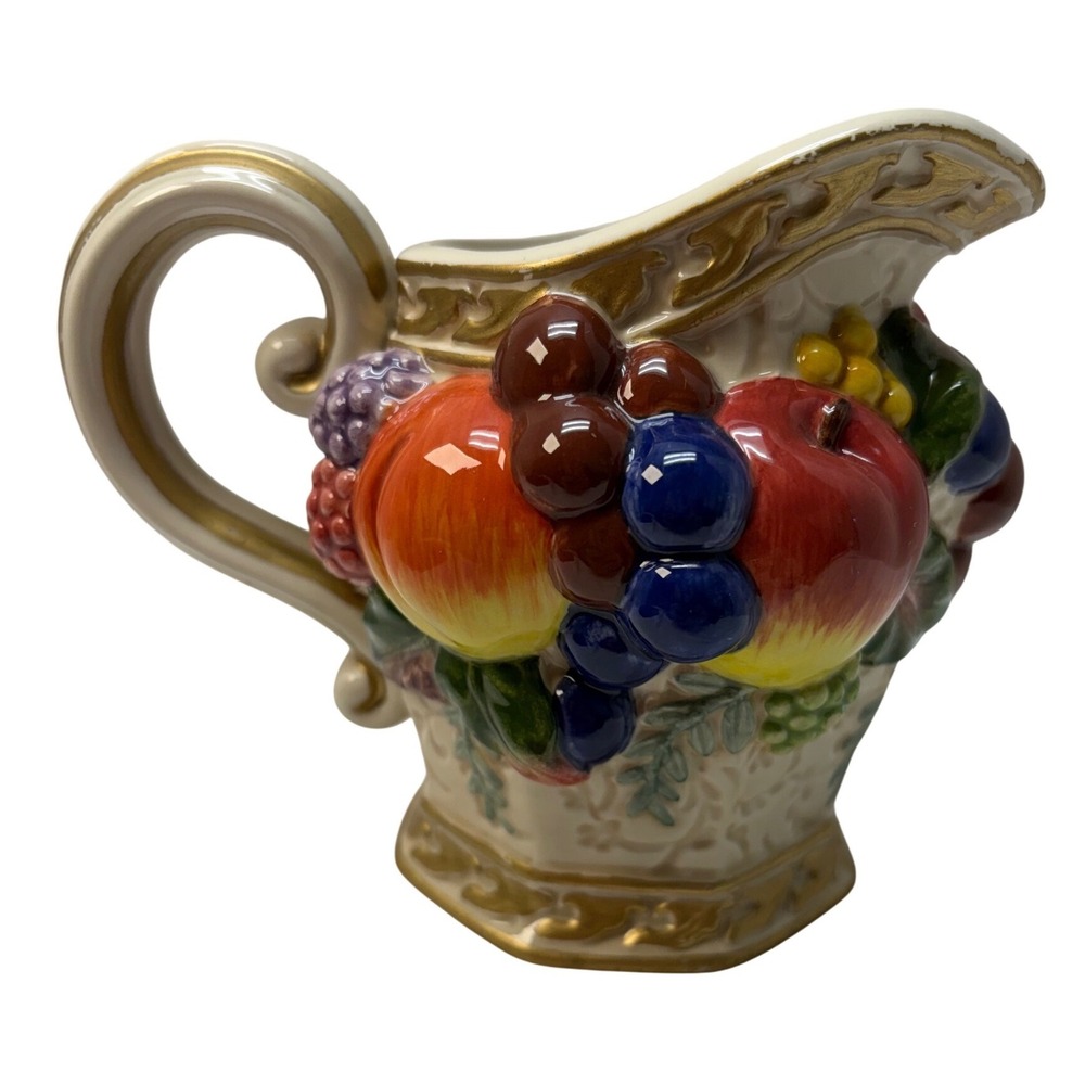 Fitz and Floyd Fruit Harvest Ceramic Pitcher Gold Trim 3D Embossed Creamer